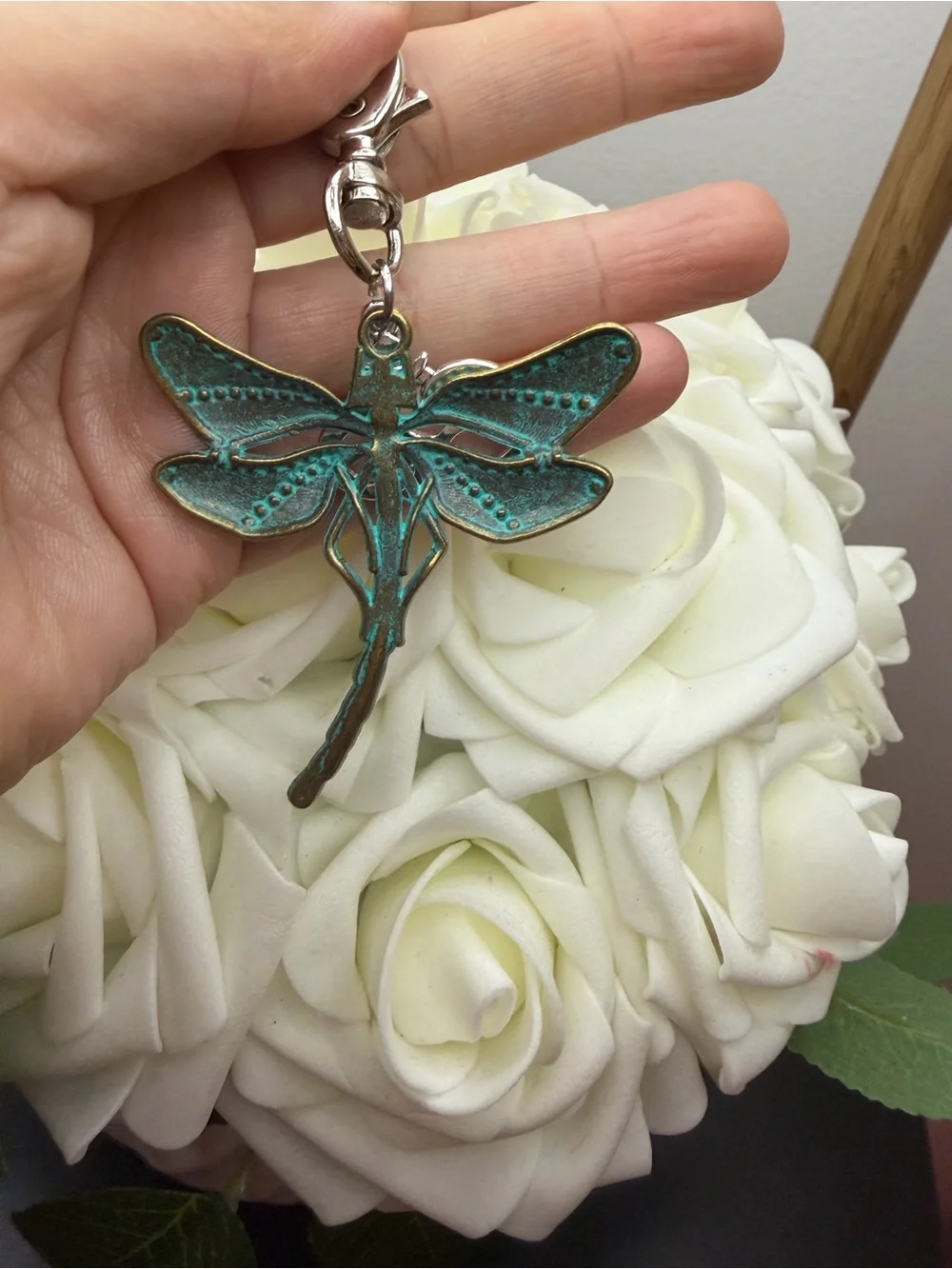 Turquoise Patina Dragonfly Keychain with Silver Charm